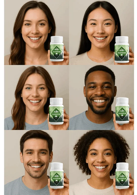 6 real buyers of Oradentum holding bottles, showcasing product satisfaction and trust